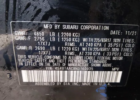 2022 Subaru Outback z USA, uszkodzony, nr VIN 4S4BTAAC8N3160935